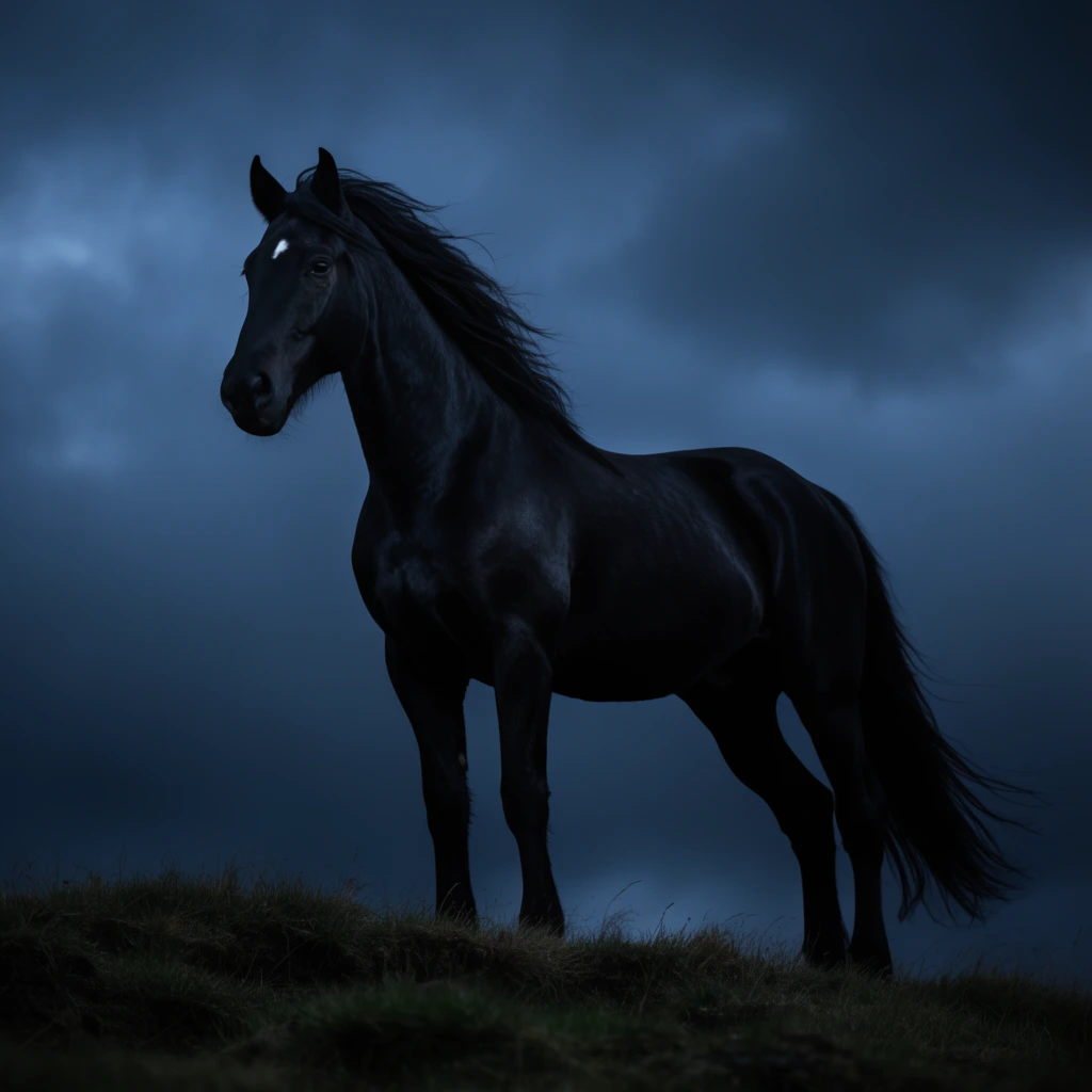 A majestic black horse stands on a grassy ridge against a brooding, dark blue overcast sky. Posed in profile with its head turned forward, the horse features a faint white star on its forehead. Low-key cinematic lighting renders the figure as a dramatic silhouette, capturing subtle highlights on its flowing mane and muscular build within the moody twilight.