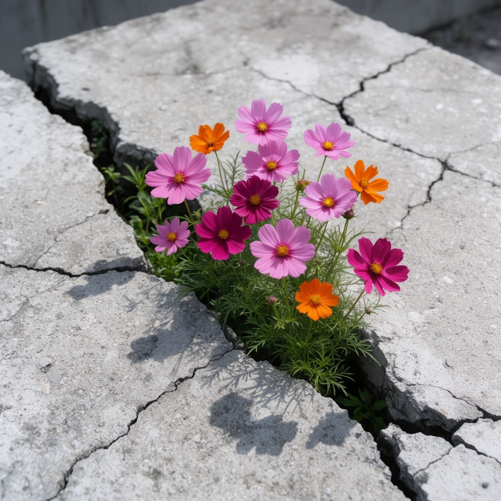 Vibrant pink, magenta, and orange cosmos flowers bloom from a jagged diagonal crack in a light gray concrete slab. Delicate green foliage fills the wide fissure among the rough, weathered stone. Smaller hairline fractures web outward across the surface. Bright sunlight casts sharp shadows of the petals onto the harsh urban texture. The high-angle close-up captures a stark visual contrast of resilient organic life emerging from an unyielding brutalist environment, with a subtly blurred background.