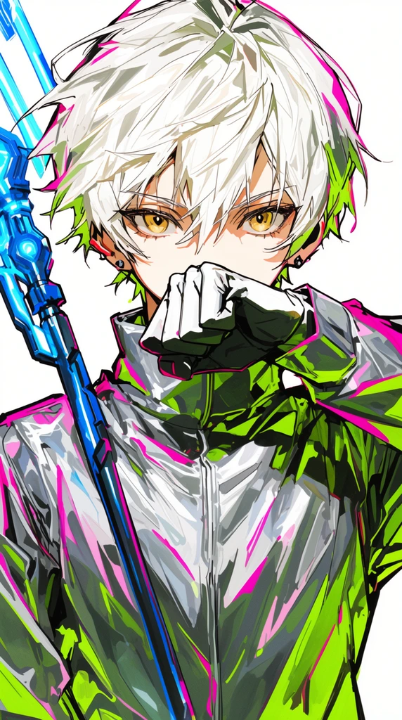 An anime-style youth with messy white hair and golden eyes wears a silver tactical turtleneck. He holds a clenched fist near his chin, partially obscuring his intense gaze. A glowing blue cybernetic staff rests over his shoulder against a stark white background. The artwork uses sharp, angular line art with high-contrast neon green and magenta shading.