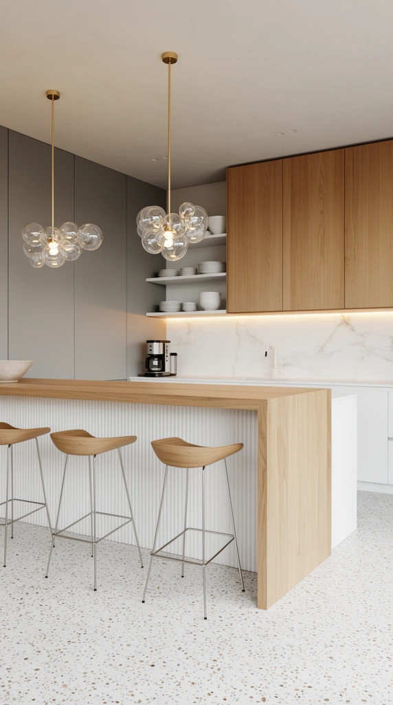 modern minimalist kitchen, light oak waterfall breakfast bar, three bar stools with curved wooden seats and thin metal legs, white fluted island base, white terrazzo flooring, two clustered glass bubble pendant lights on brass stems, flat-panel wooden upper cabinets, grey wall panels, open shelving with white dishes, white marble backsplash, warm under-cabinet LED glow, coffee maker on counter, bright airy atmosphere, warm neutral palette, architectural interior photography, eye-level perspective