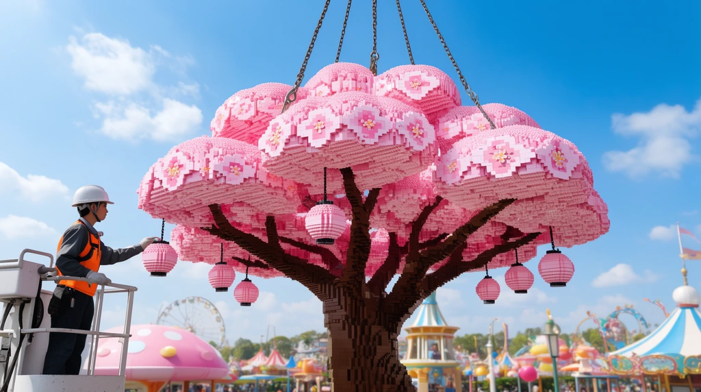 A worker in a bucket lift guides a crane-suspended, massive cherry blossom tree canopy constructed entirely from interlocking plastic bricks. The modular pink sculpture features geometric petals and hanging spherical lanterns, set against a vibrant amusement park and bright blue sky.