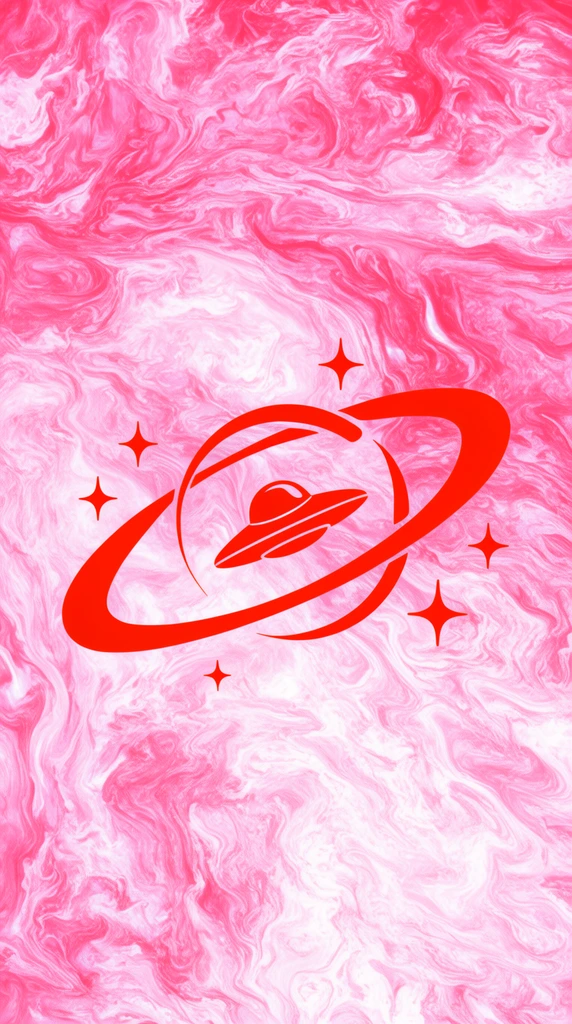 A stylized red planetary orbit ring, a small retro flying saucer silhouette, and scattered four-pointed sparkles float centrally against a vibrant pink and white marbled background. The swirling fluid texture of the backdrop contrasts boldly with the flat red graphic icons.