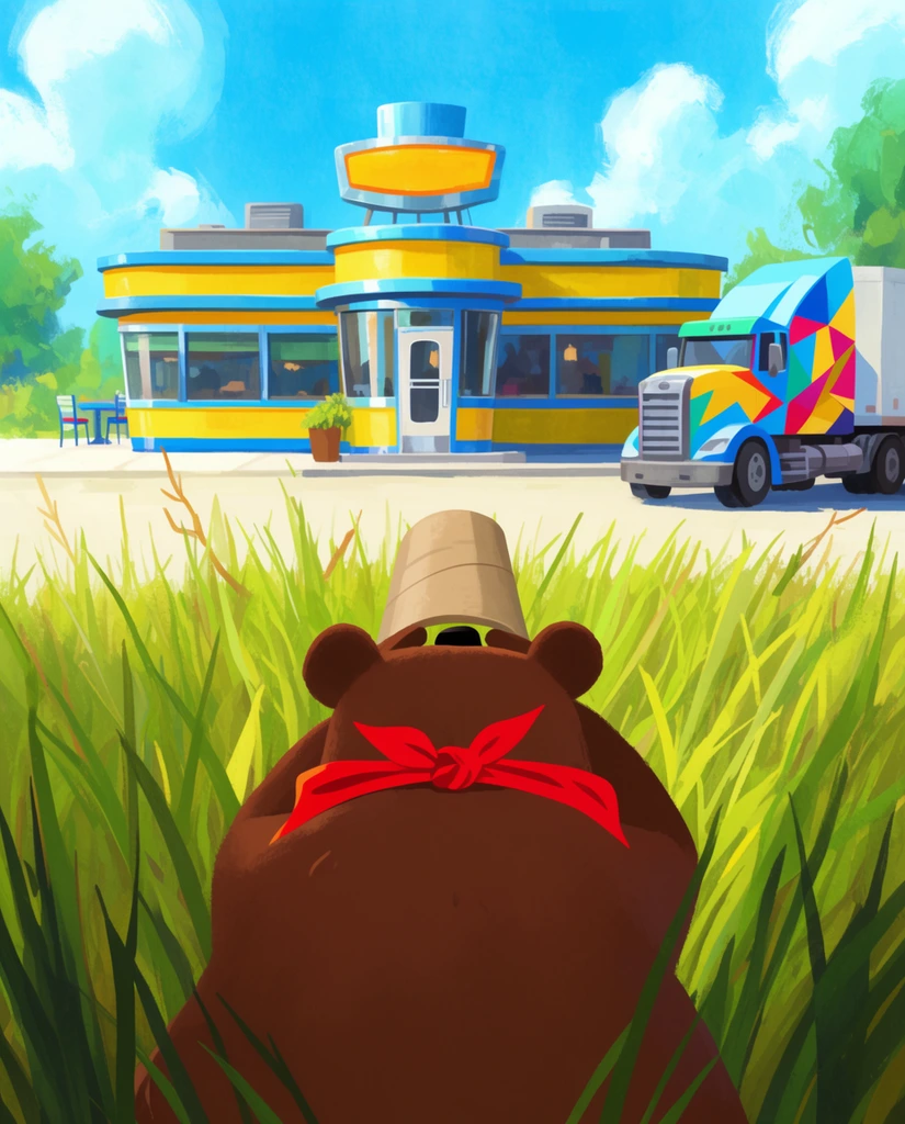 A brown bear in a red bandana hides in tall grass, spying through a cardboard tube. In the sunny background sits a vibrant yellow and blue diner beside a geometric-patterned semi-truck. Rendered in a painterly 2D illustration style from a low over-the-shoulder perspective.