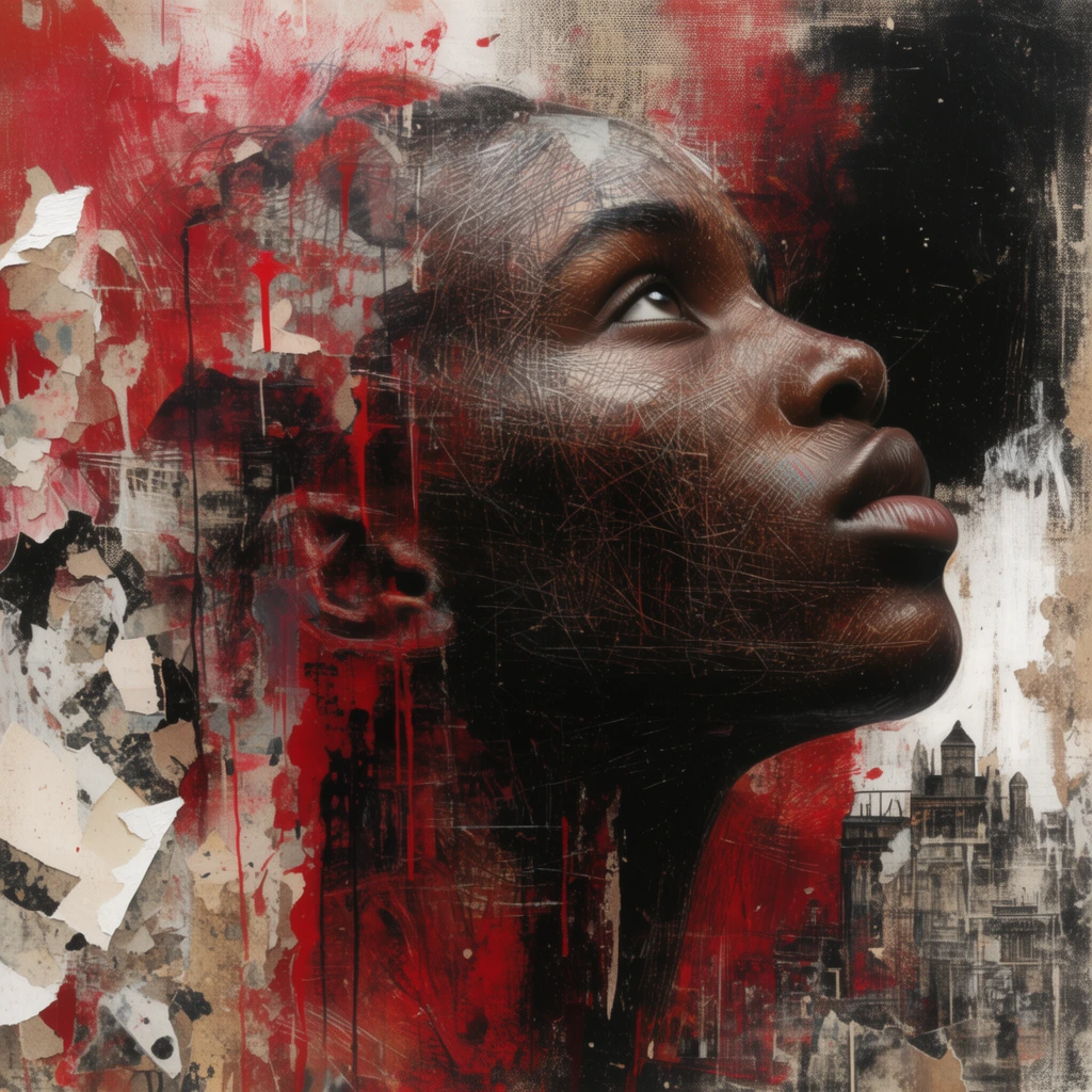 A mixed-media profile portrait of a dark-skinned person looking upward, integrated into a distressed grunge collage. The photorealistic face is heavily textured with chaotic scratched lines and dense crosshatching. Surrounding the subject are visceral smears of crimson, stark white, and pitch-black paint, ripped paper fragments, and architectural silhouettes. Dripping pigments and raw canvas textures dissolve into the figure, creating a raw, layered double-exposure effect.