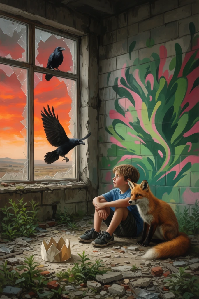 A young boy sits on the debris-covered floor of an abandoned building alongside a red fox. Wearing a blue t-shirt and dark sneakers, he looks toward a large, broken window. A folded paper crown rests on the rubble-strewn floor among sprouting green weeds. Two black ravens appear; one perches on the window frame while the other flies toward the boy. The cinderblock wall behind features a vibrant mural of abstract green and pink shapes. Outside, a desolate landscape sits beneath a fiery sky. The realistic illustration blends urban decay with a surreal atmosphere.