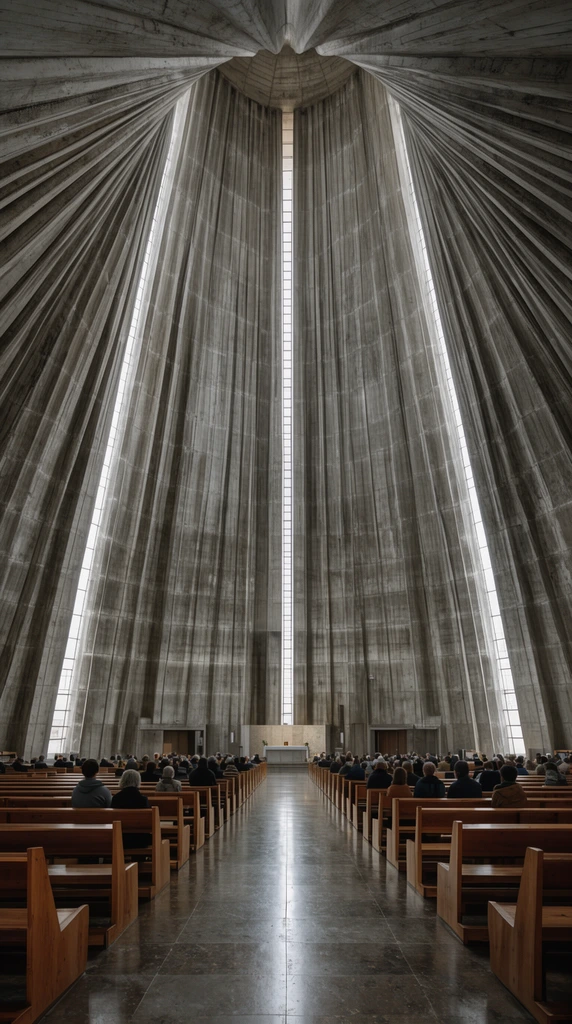 brutalist concrete church interior, towering conical ribbed dome, narrow vertical skylights, symmetrical perspective, polished floor, wooden pews with seated people, distant altar