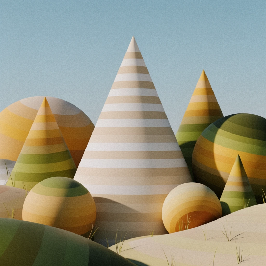 abstract geometric landscape featuring a large central cone with horizontal beige and white stripes, surrounding spheres and smaller cones with banded patterns of yellow tan and olive green, undulating smooth hills dotted with sparse thin grass blades, matte surfaces, clear light blue sky, soft directional sunlight from the right casting deep sharp shadows, earthy pastel color palette, 3D rendered minimalist illustration, heavy film grain overlay