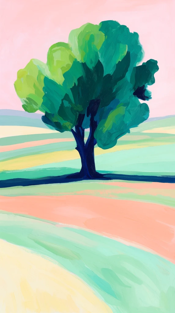 Solitary tree with a dark navy trunk and thick emerald and lime green foliage, abstract rolling landscape, sweeping horizontal bands of peach, mint green, and pale yellow fields, soft pastel pink sky, contemporary acrylic painting style, bold visible brushstrokes, flat perspective, vibrant pastel and jewel-tone color palette