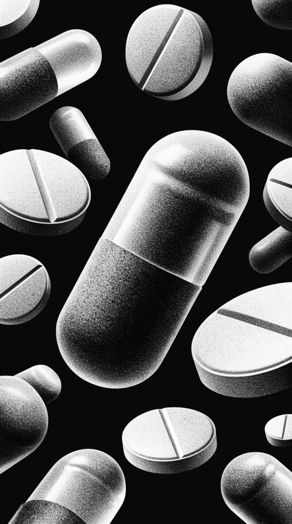large floating pill capsules and scored round tablets, stark black and white, heavy stippling noise texture, monochromatic 3D graphic art, macro perspective