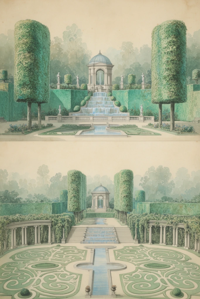 A precise watercolor and ink architectural rendering of a classical formal garden, split into two stacked horizontal panels. The top elevation centers on a domed stone pavilion perched above a cascading terraced fountain, flanked by towering cylindrical topiary trees, manicured emerald hedges, and classical statues. The lower panel illustrates a sweeping layout with a central tiered staircase and water channel, bordered by curved colonnades draped in dense foliage and intricate swirling parterre lawns. Both highly symmetrical scenes are drafted on aged beige paper using a delicate palette of sage greens, pale cerulean blues, and muted grays. Soft, hazy woodland silhouettes in the background emphasize the meticulous orthographic drafting of the grand landscape design.