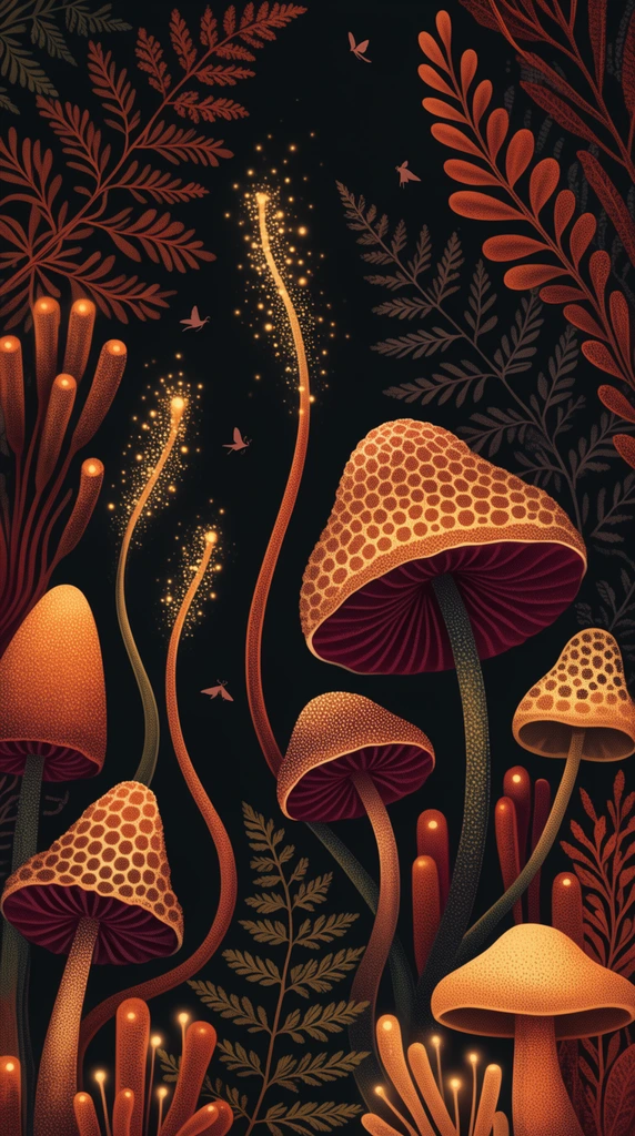 A stylized botanical pattern of glowing alien flora and fungi against a pitch-black background. Intricate mushrooms display stippled textures, honeycomb caps, and ribbed maroon undersides. Wavy stems culminate in bioluminescent golden sparks illuminating warm amber and burnt orange foliage. Tiny silhouetted winged creatures flutter among fern fronds and tubular plants. The illustration utilizes precise stippled gradients to craft a magical, nocturnal jungle ecosystem.