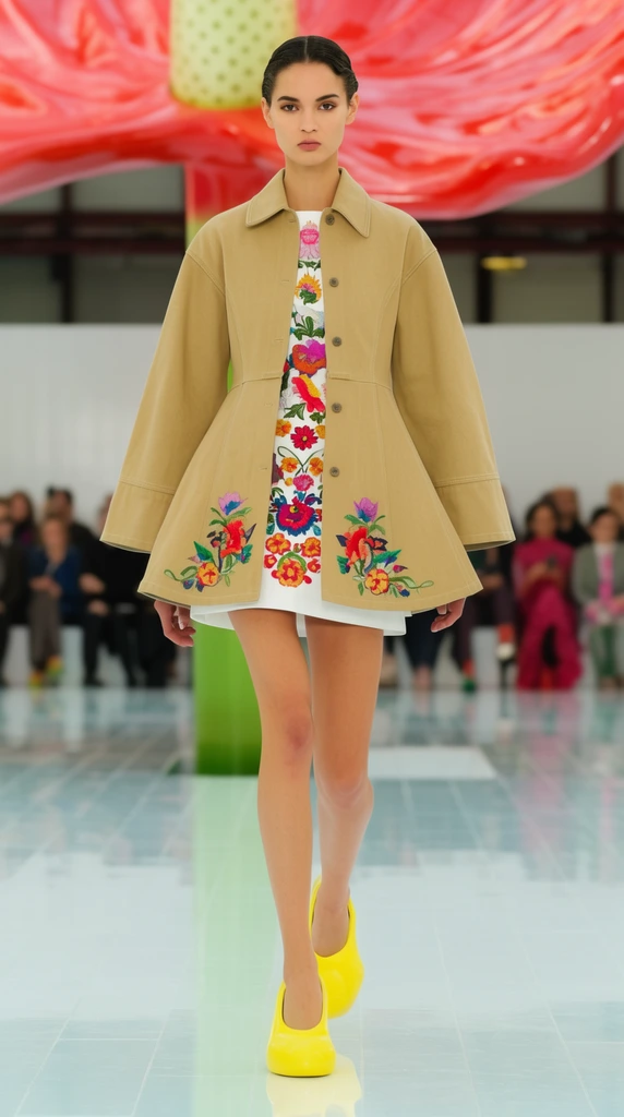 A model walks a glossy runway wearing a flared tan canvas jacket over a short white dress with bright floral embroidery and chunky yellow heels. A giant glossy red flower sculpture and blurred seated audience complete the bright, high-fashion composition.