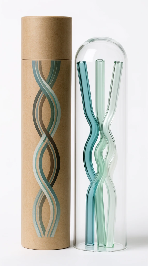Two tall cylindrical containers stand against a seamless white background. A matte kraft paper tube on the left features a printed graphic of three intertwining wavy lines. A clear glass dome on the right encloses three undulating, translucent glass straws standing vertically. The intertwined straws display soft tints of teal, seafoam green, and pale mint under even minimalist studio lighting.