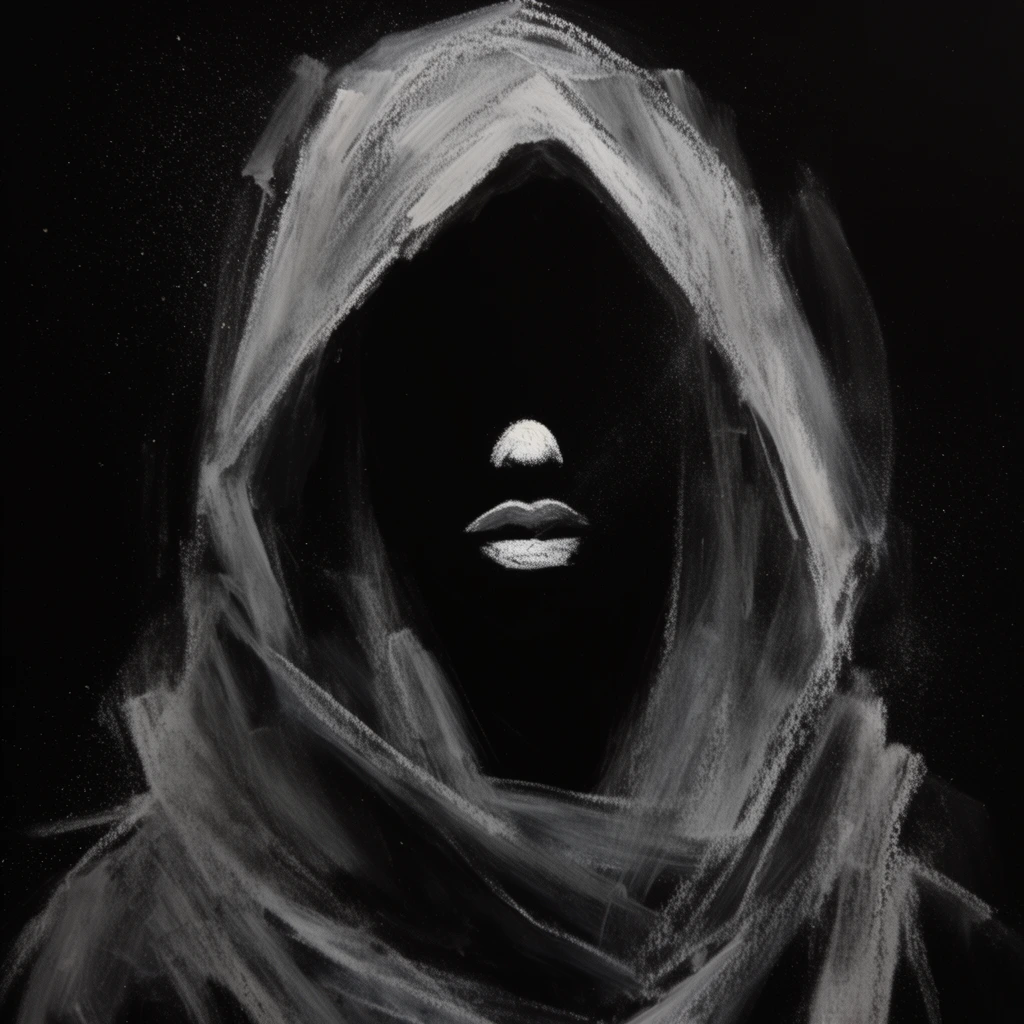 An abstract portrait of a woman in a heavy draped cowl is rendered in high-contrast monochromatic chalk on a black surface. Minimalist facial features emerge from the deep shadows via sparse white powder highlights on her rounded nose and full lips. Broad, smudged strokes form the textured hood, with fine chalk dust scattered across the dark background. The stark chiaroscuro composition utilizes deep shadows and expressive smears to construct the ethereal, highly stylized silhouette.