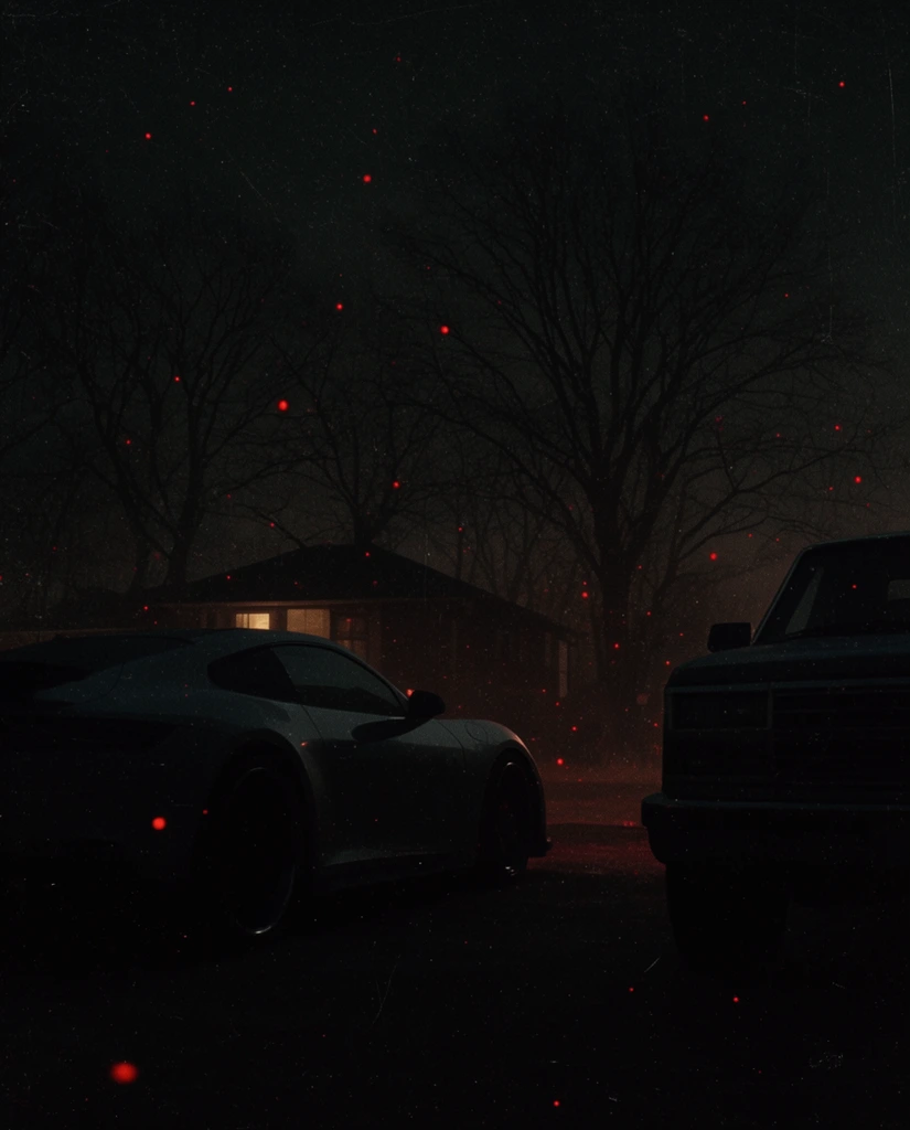 dark suburban night scene, silhouetted vehicles in foreground, low-slung sleek sports car on left, boxy truck front on right, bare leafless trees against pitch black sky, faint house outline with one warm glowing window, scattered bright red glowing specks floating across frame, distressed film grain overlay, cinematic lighting, heavy vignette, ominous atmosphere