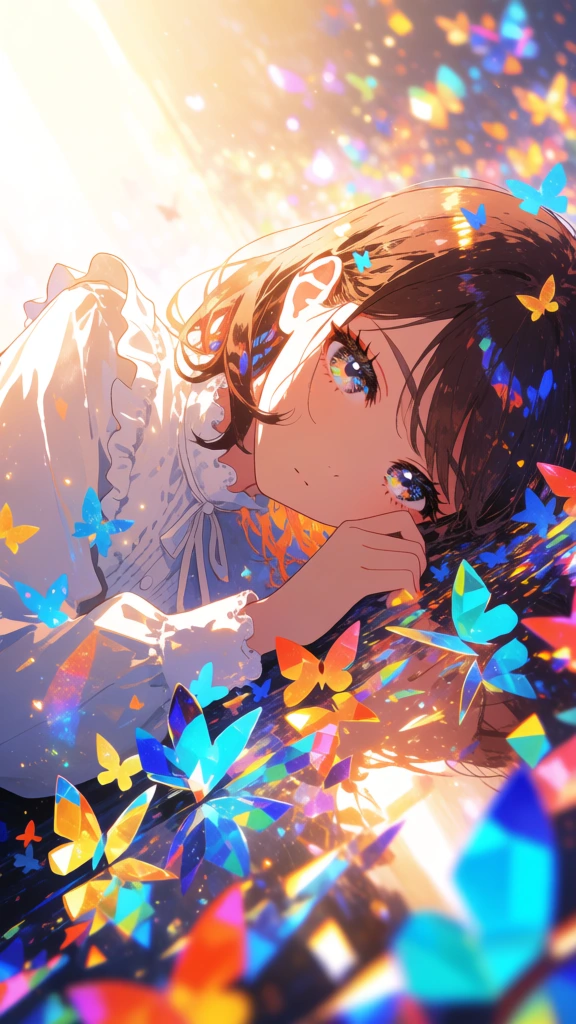 A high-angle, close-up digital illustration captures an anime-style girl lying amidst a swirling kaleidoscope of vibrant, crystalline butterfly shapes and prismatic shards. The girl has medium-length brown hair and large, detailed eyes with long, thick eyelashes that reflect the surrounding colors. She is positioned with her head tilted to the side and her right hand resting near her cheek, wearing a white blouse with delicate ruffles at the collar and shoulders. Her expression is calm and introspective. A multitude of geometric shapes resembling butterflies in shades of brilliant cyan, deep blue, orange, yellow, and magenta are scattered across the scene, some appearing as flat silhouettes while others look like multifaceted glass fragments. A powerful, warm light source from the upper left corner washes out the background and creates a luminous glow on the edges of her hair and clothing. The composition is dynamic and slightly tilted, using a shallow depth of field that keeps the girl's face in sharp focus while the surrounding elements blur into a bokeh of light and color. The overall color palette is a mix of golden, sun-drenched tones and saturated, jewel-like hues, creating a dreamlike and ethereal atmosphere through heavy use of light dispersion and sparkling particles.