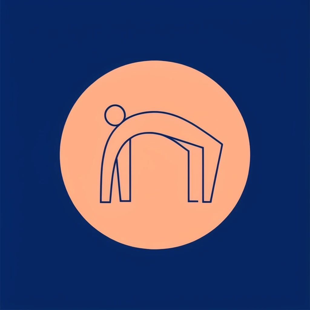 A minimalist vector illustration featuring a large solid peach circle centered against a deep navy blue background. Inside the peach circle, a stylized abstract line drawing depicts a figure in a backward-bending arch. Rendered in crisp navy blue strokes, the minimalist figure is constructed from a small open circle for the head, a sweeping curve for the arched torso, and straight angular lines forming sharp right angles for the limbs, emphasizing geometric simplicity through a flat dual-color palette.