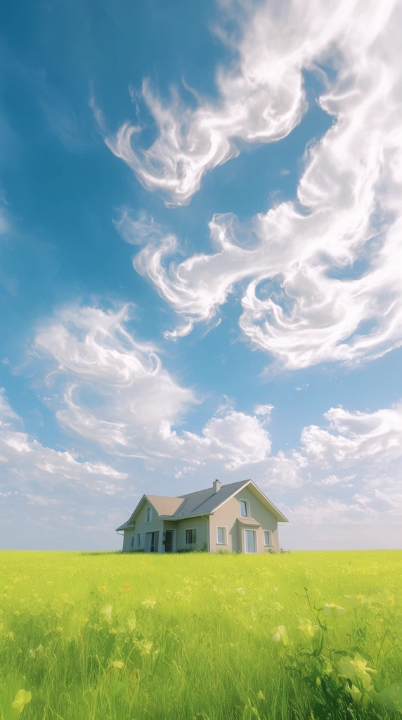 A house sits in a vibrant, intensely saturated chartreuse green field of tall grass and scattered flowers beneath an expansive, swirling sky. The sky dominates the upper eighty percent of the frame, featuring a bright, gradient cerulean blue backdrop filled with brilliantly luminous, crisp white, deeply textured swirling clouds. Captured from a low angle with a perfectly horizontal, low horizon line, the composition emphasizes vast, minimalist open space and monumental scale. The lighting is diffuse, high-key daylight, illuminating the scene with a pristine, hyper-realistic clarity and casting soft, subtly defined shadows. The color palette relies on vivid, highly saturated hues, rendered with an ultra-clean, flawless digital finish characterized by edge-to-edge sharp focus and a perfectly smooth, polished photographic texture.
