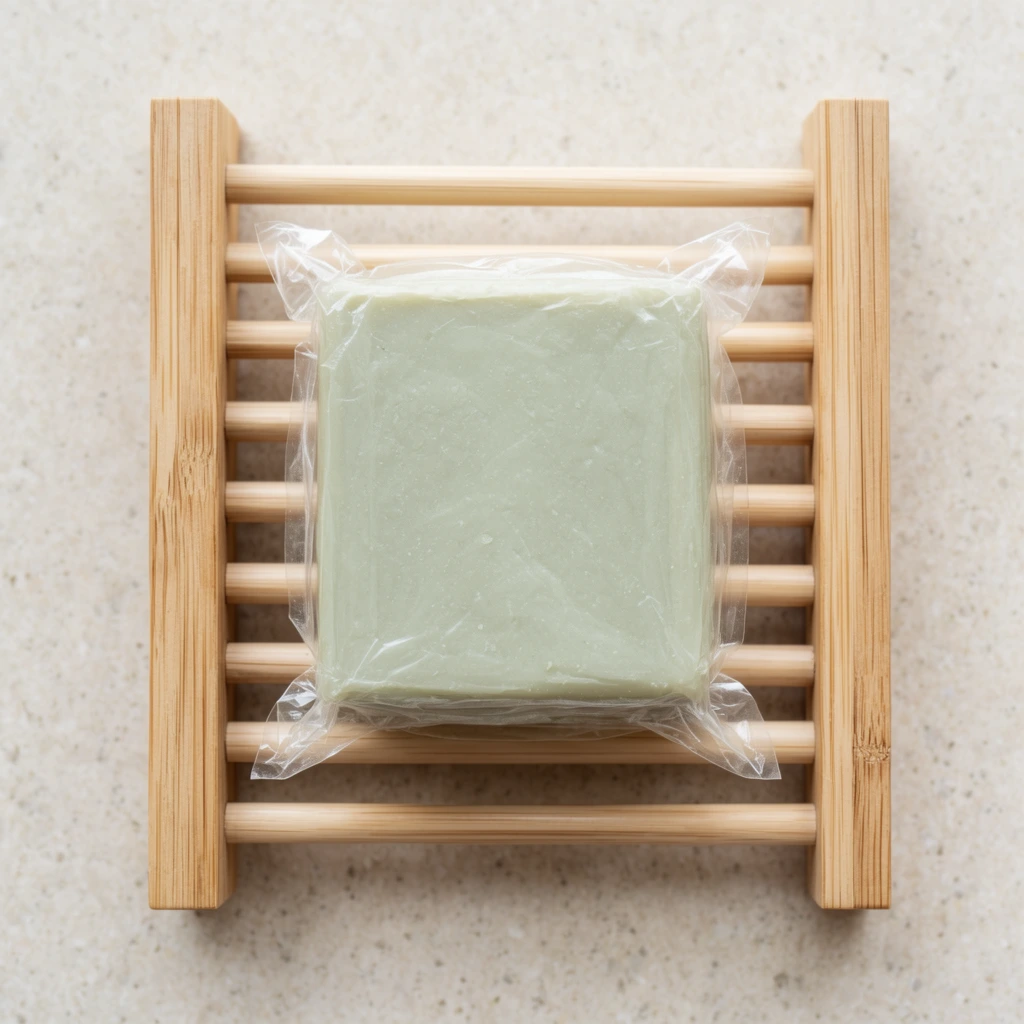 A pale sage-green rectangular block encased in thin, transparent crinkled film sits centered on a slatted wooden rack. The minimalist wooden structure features flat side rails connected by light bamboo-toned cylindrical dowels. Captured from a direct top-down flat lay perspective, the objects rest on a light beige, finely speckled stone surface. Bright, even, diffused natural lighting highlights the organic textures and soft pastel color palette.
