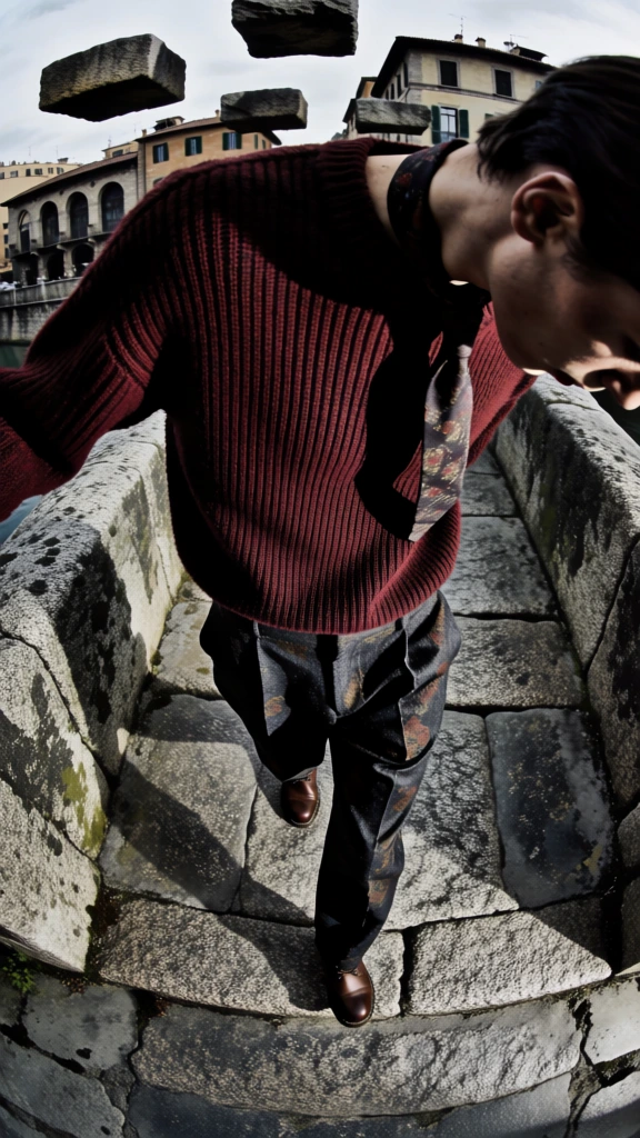 wide-angle top-down distorted fisheye perspective, figure in textured maroon ribbed knitwear and dark patterned silk tie, charcoal grey denim, brown leather boots, standing on a weathered stone bridge, surrealist monolithic stone blocks floating in mid-air, high contrast directional lighting, gritty avant-garde editorial aesthetic, muted palette of deep reds and granite greys, extreme focus on knit textile grain and aged masonry surfaces.