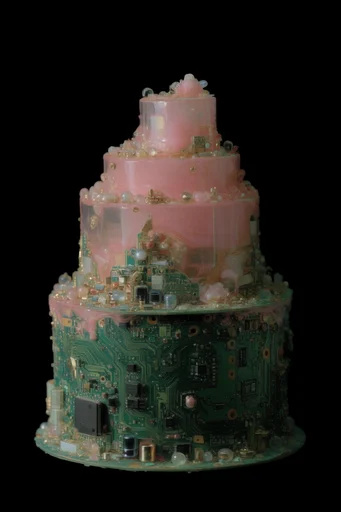 Translucent Cyber-Organic Assemblage style reference image — pastel and metallic palette