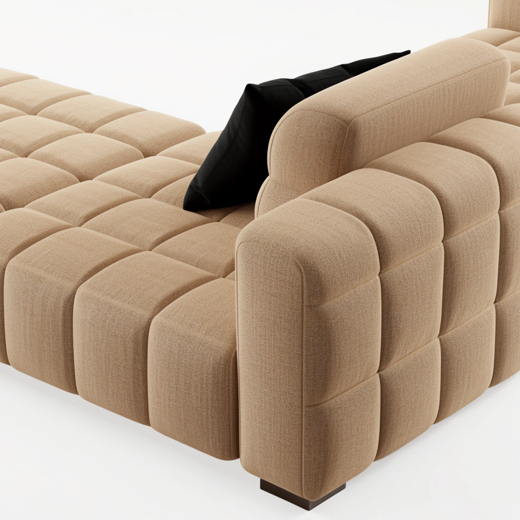 A modern, modular lounge sofa isolated on a white background, upholstered in textured warm beige fabric. Plump, geometric volumes are segmented by deep grid-like channel tufting across the extended seat and side panels. A thick backrest supports a contrasting solid black throw pillow. The low-profile seating rests on minimal dark rectangular feet. Diffused studio lighting highlights the tactile weave and crevice shadows from a three-quarter high-angle perspective.