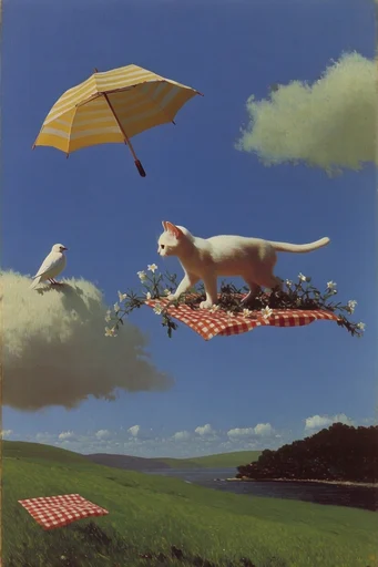 Vintage Surrealist Dreamscapes style reference image — fluffy cumulus clouds