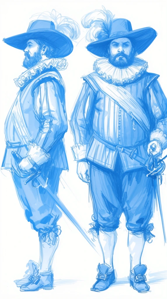 two monochrome blue sketches of a stout bearded man in 17th-century attire, wide-brimmed feathered hats, large ruffled collars, striped doublets, swords, one figure in profile, one facing forward, expressive loose linework, light blue shading, white background