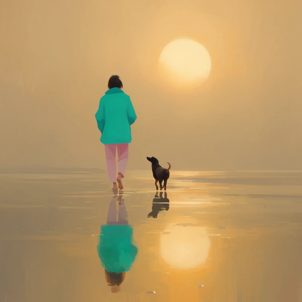 A minimalist digital painting of a solitary figure and a small dark dog walking across a highly reflective wet expanse during a hazy golden sunrise. Viewed from behind, the barefoot person wears a striking teal jacket and light pink trousers. The dog trots close, gazing upward. Their forms mirror perfectly in the glassy water, the vibrant teal popping against the warm, sepia-toned surroundings. A large, diffuse sun hangs low in a misty sky, dominating the atmospheric composition with soft impressionistic brushstrokes and tranquil, luminous lighting.