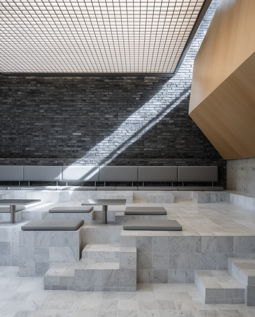 A modern minimalist interior space characterized by stark geometric forms and contrasting textures under dramatic diagonal sunlight. The foreground features stepped seating constructed from light grey, subtly veined square stone tiles arranged in staggered block-like formations. Flat grey rectangular cushions rest on the tiers alongside sleek square tables with metal pedestal bases. A long row of grey padded backrests spans the midground against a textured dark grey brick wall. To the right, a sharply angled architectural volume finished in light wood paneling juts into the room above a raw concrete base. Overhead, a large illuminated grid structure provides diffused light, contrasting with the harsh beams of natural sunlight cutting diagonally across the brick wall and tiled floor. The eye-level architectural photography emphasizes rigid orthogonality, brutalist-inspired materials, and a monochromatic palette accented by the warm wooden overhang.
