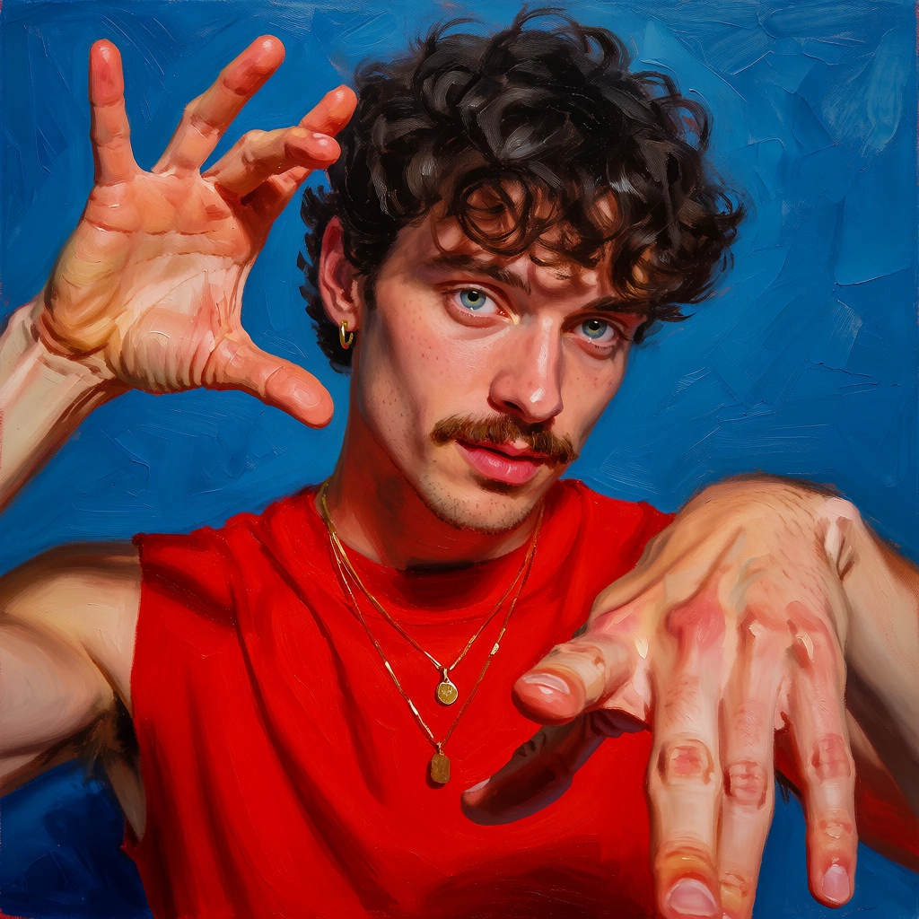 A vibrant oil painting portrait of a young man with dark curly hair, light blue eyes, and a mustache posing against a textured blue background. He wears a bright red sleeveless top, a small gold hoop earring, and two delicate gold chain necklaces with small pendants. His hands form an expressive, dynamic gesture, with the right hand held high near his head with splayed fingers, and the left hand foreshortened, reaching toward the viewer. The piece utilizes a high-contrast complementary color palette of vivid red and cerulean blue. Thick impasto brushstrokes and soft, direct lighting emphasize the warm skin tones, the intricate anatomical details of the hands, and the contemporary realism style.