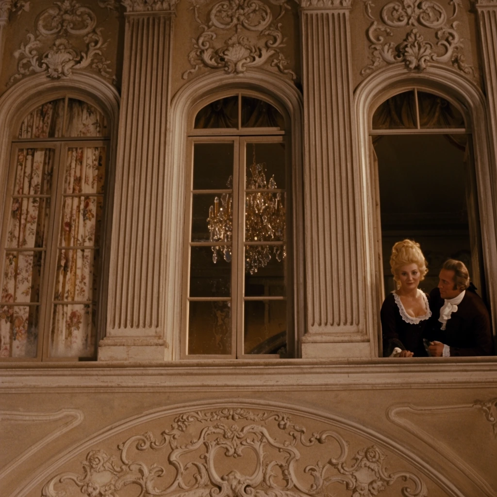 Three tall arched casement windows punctuate an ornate sepia-toned building facade adorned with fluted pilasters and elaborate rococo-style plasterwork. In the open rightmost window, a man and a woman in elegant 18th-century period attire lean outward. The woman features a tall blonde updo and a dark gown with a white lace neckline, beside a man in a dark coat and white cravat. The closed central window reveals a glittering crystal chandelier in the dim interior, while the left window frames drawn floral curtains. The cinematic shot utilizes theatrical warm lighting that highlights the textured architectural details and lower decorative archway, evoking the nostalgic aesthetic of a vintage stage set.