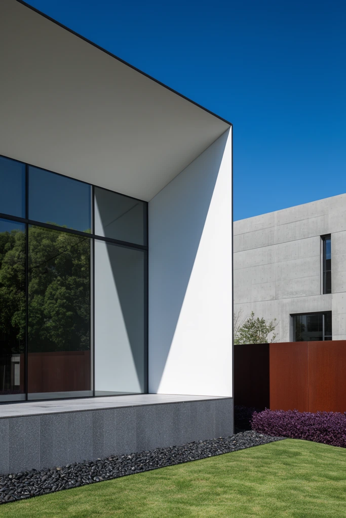 Sharp geometric lines define a modern minimalist building with stark white walls and expansive glass windows reflecting lush trees. A deep, angled shadow cuts across the brightly lit facade under a vivid blue sky. The structure features a grey stone base bordered by dark river rocks, purple foliage, and a manicured green lawn. A rust-colored corten steel wall and a grey concrete building occupy the midground, captured in crisp architectural photography with high daylight contrast.