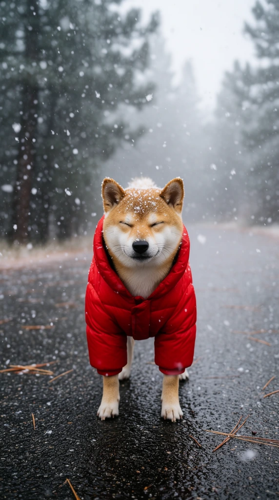 A Shiba Inu wearing a vibrant red puffy winter jacket stands centered on a wet asphalt road during heavy snowfall. The dog's eyes are squeezed shut, with white flakes dusting its head and snout. Fallen pine needles dot the dark road surface. A shallow depth of field blurs the background into an atmospheric backdrop of dense pine trees shrouded in fog. The overcast lighting emphasizes the stark contrast between the vivid red coat and the muted gray and dark green environment, while a fast shutter speed freezes countless snowflakes suspended mid-air.