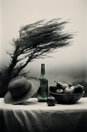 Monochrome Atmospheric Minimalism style reference image — heavy film grain
