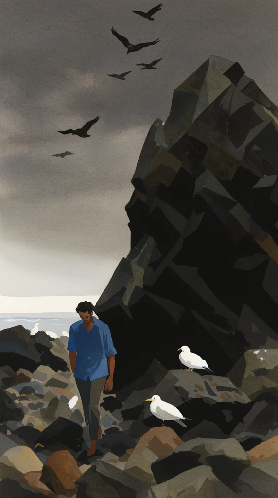 Gouache illustration, man in blue shirt walking beside massive jagged dark rocks, large geometric rock formation dominating the right, moody gray sky, pale ocean horizon, dark birds flying overhead, white birds resting on stones, muted palette, flat washes, atmospheric