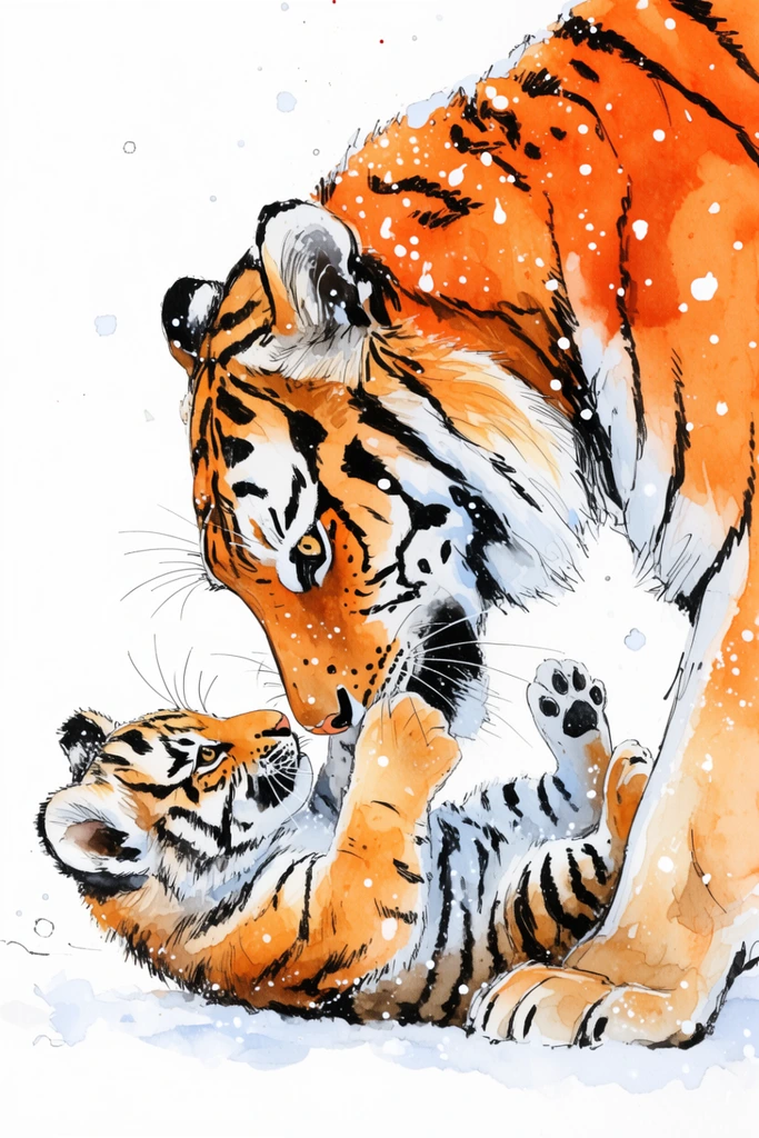Watercolor and ink illustration of an adult tiger playfully nuzzling a cub rolling on its back in the snow. Bright orange washes and loose black linework contrast with a stark white background, energized by scattered white paint splatters mimicking snowfall.