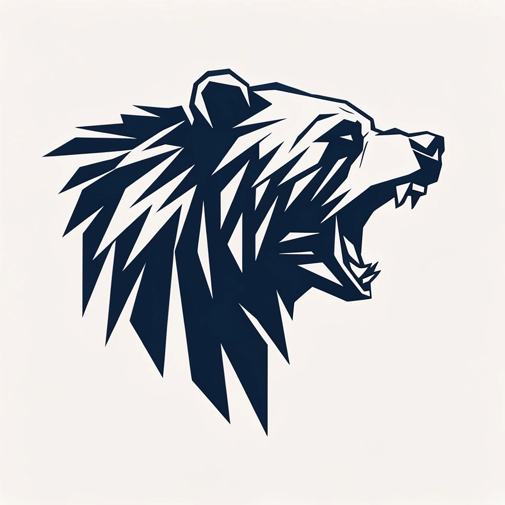 A geometric illustration of a roaring bear's head in right-facing profile, rendered in solid dark navy blue against a stark, off-white background. The minimalist vector artwork constructs the animal entirely from sharp, fragmented, shard-like shapes and hard-edged polygons. Downward-pointing jagged facets create the illusion of thick, dynamic fur along the neck and mane. The bear's mouth is wide open in a fierce roar, featuring angular, stylized teeth and a small triangular slit for an eye. The composition relies on high contrast, utilizing the clean negative space between the dark, interlocking shards to define the aggressive, powerful silhouette without any gradients or internal shading.