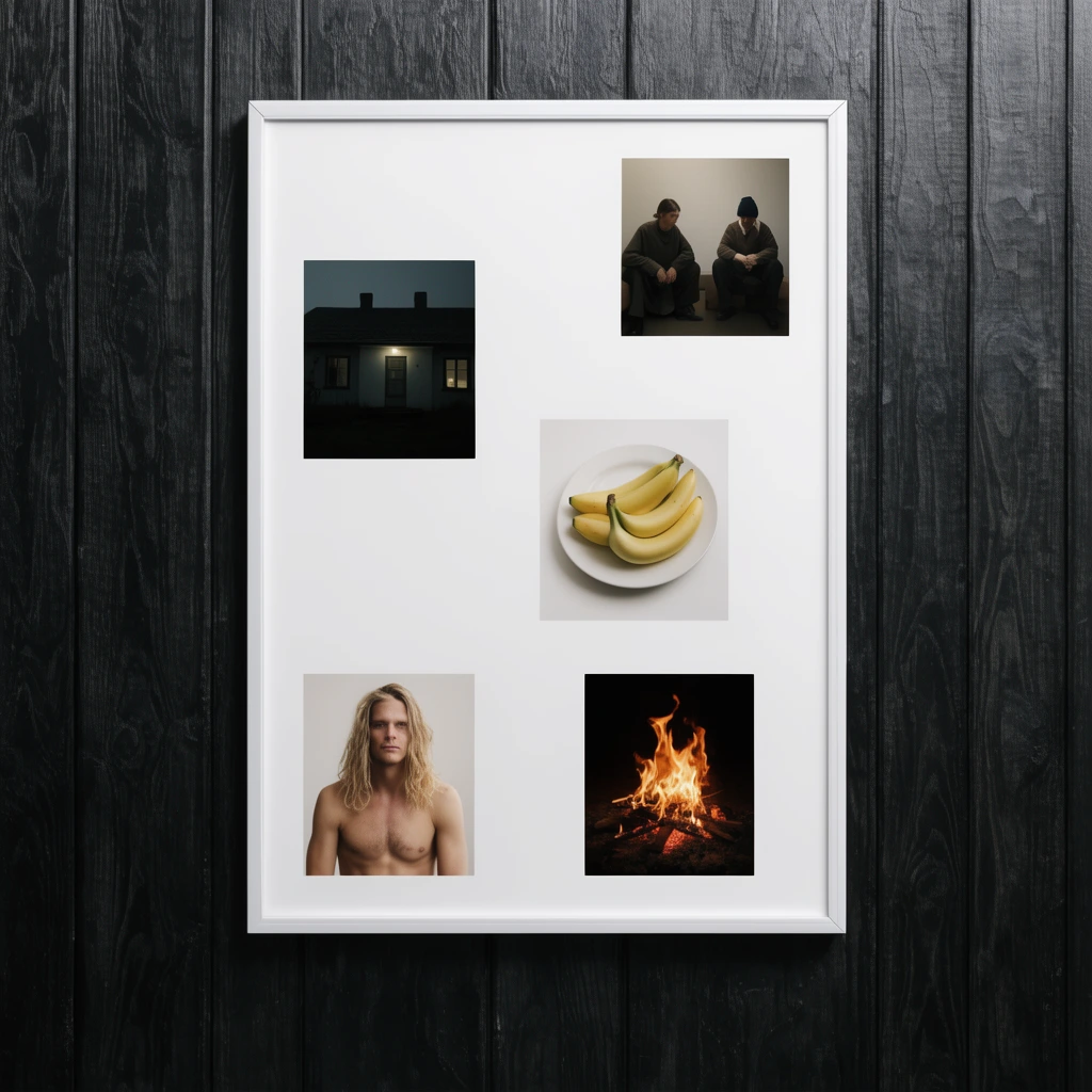 A white framed poster on a dark, paneled wooden wall displays a minimalist collage of five small photographs. The images show a dimly lit house, two seated figures, bananas on a plate, a shirtless man with long blonde hair, and a burning fire. The stark white poster board and thin frame contrast sharply against the deep black wood grain, creating a clean, modern gallery layout.