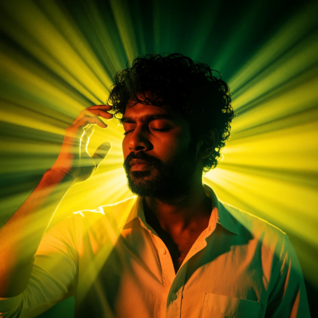 South Asian man with dark curly hair and beard, eyes closed, hand raised near head, white collared shirt, intense radial yellow volumetric light rays bursting from behind, deep green background hues, high contrast dramatic shadows, cinematic portrait photography