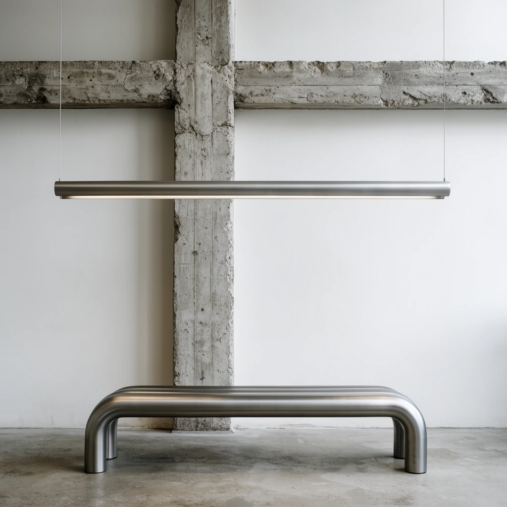 A suspended brushed metal linear light fixture hangs by thin wires. Behind it, a raw concrete pillar and rough horizontal beam intersect against a white wall. A curved tubular steel bench sits on a concrete floor below under soft, diffused natural lighting in a minimalist industrial space.