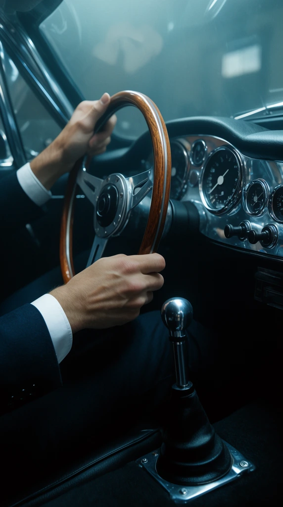 hands in a dark suit shifting a vintage sports car, wooden steering wheel, metal gear stick, chrome dashboard gauges, hazy cinematic lighting, cool shadows