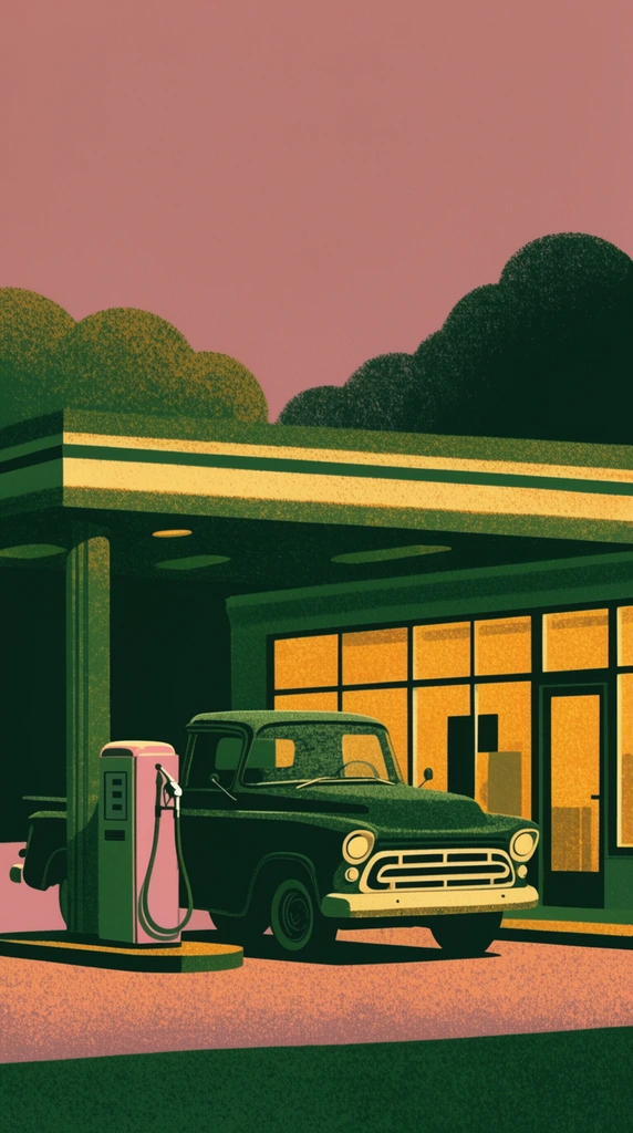 A vintage dark green pickup truck sits beneath a retro gas station canopy beside a single pump. The minimalist mid-century illustration features heavy stippled textures and a limited palette of hunter green, ochre, and rose. Warm golden light from the geometric storefront contrasts with deep green shadows and rounded trees against a flat, dusky pink sky.