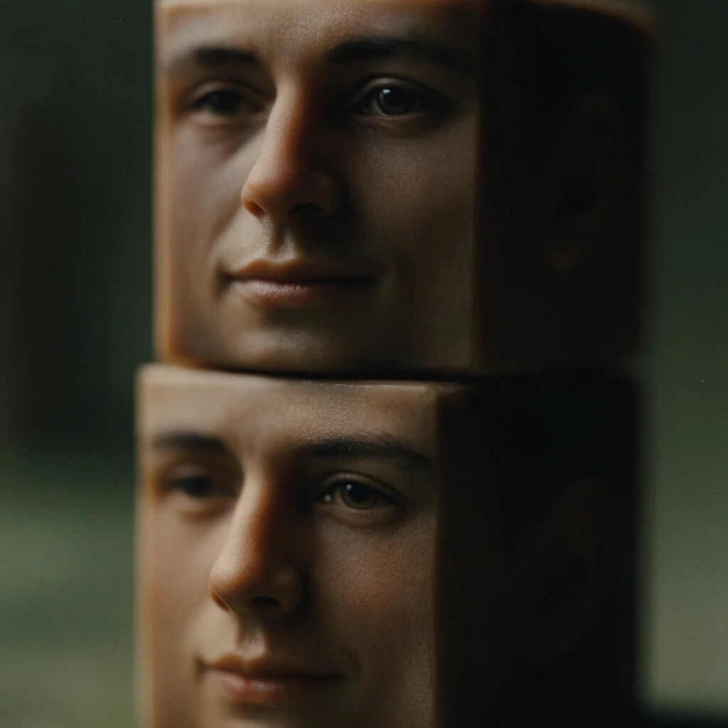 Two stacked cubes with distinct facial features emerge from a shadowy, cinematic environment in an intimate close-up portrait. The topmost cube rests directly flush against the bottom cube, with both forms bearing fully formed faces on their frontward planes. Soft, highly directional lighting from the left creates a dramatic chiaroscuro effect, highlighting the structural edges and facial contours on the lit side while plunging the right halves into dense, rich shadow. The tightly cropped composition employs a extremely shallow depth of field, rendering the frontmost facial details in crisp, highly textured focus against a smooth, heavily blurred background of dark, atmospheric greens. The color grading utilizes a muted, earthy palette dominated by warm, organic browns, muted ochres, and deep olive shadows, perfectly mimicking the aesthetic of medium-format film photography with subtle optical grain, precise micro-contrast, and exceptionally smooth tonal transitions.