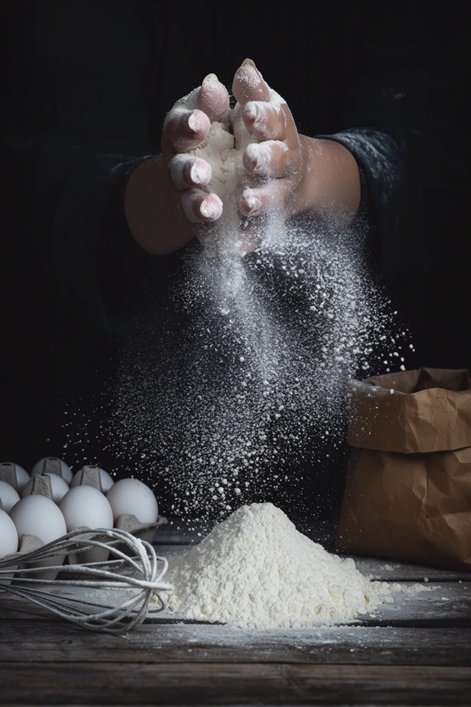 Two flour-coated hands release a dynamic cloud of white powder mid-air over a rustic wooden table. Emerging from a pitch-black background in dark sleeves, the hands create a cascading shower of fine suspended particles falling onto a central mound of flour. A carton of white eggs and a coated wire whisk sit to the left, alongside a brown paper bag on the right. High-speed photography and dramatic low-key lighting freeze the motion of the illuminating dust against the moody, dark environment.