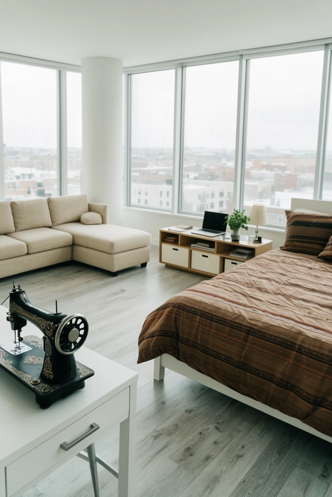 A bright corner studio apartment illuminated by diffused daylight from expansive floor-to-ceiling windows overlooking a flat cityscape. An ornate vintage black sewing machine sits on a white foreground desk. The interior features a bed with a brown-striped comforter beside a low workspace console, and a beige sectional sofa in the opposite corner resting on light grey wood floors.