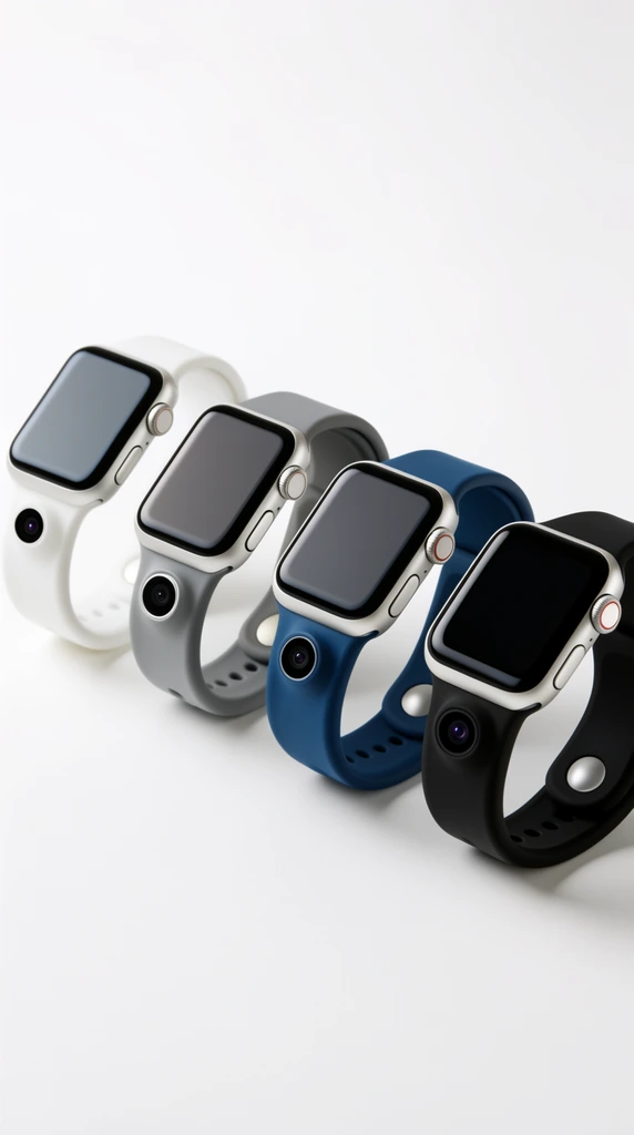Four smartwatches with camera-embedded silicone straps sit diagonally on a seamless white backdrop. The rectangular silver cases feature dark screens and side dials. The thick bands appear in white, grey, deep blue, and matte black, each housing a small circular lens just below the watch body. Soft studio lighting casts subtle shadows to the right, emphasizing a clean, minimalist commercial product aesthetic.