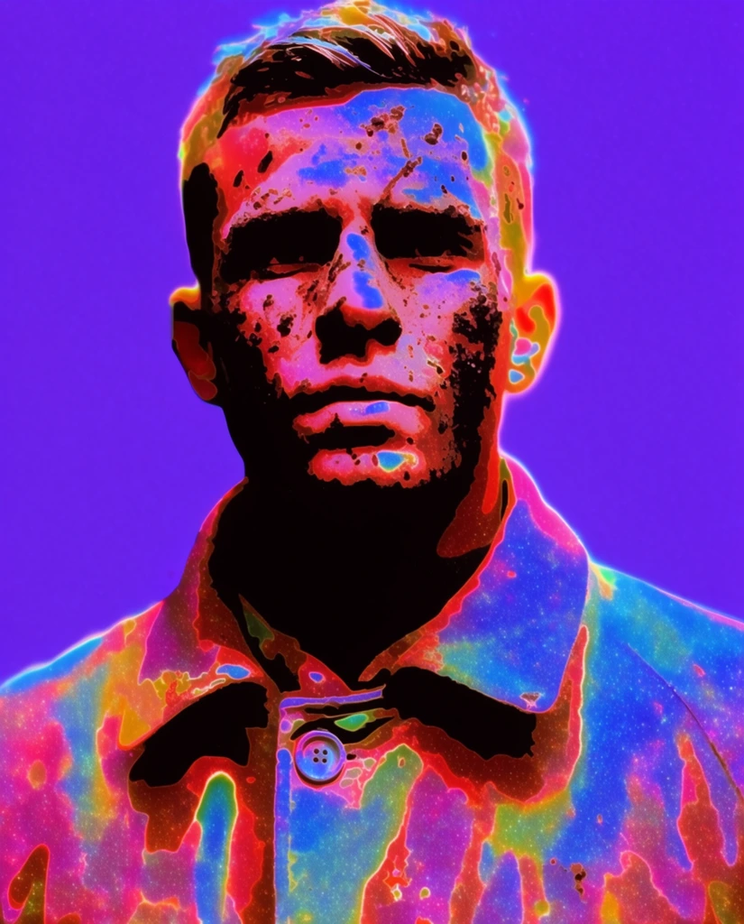 A centered portrait of a man wearing a collared coat with a visible button, his face and forehead covered in dirt and marks, rendered in a hyper-vibrant, psychedelic thermographic aesthetic. The man’s form is sculpted through extreme posterization, utilizing deep, pure black shadows that contrast aggressively against glowing, neon-saturated highlights. His facial features, the textural dirt marks, the collar, and the coat button are delineated by harsh, luminescent color bands in a maximalist palette of electric blues, searing hot pinks, vivid magentas, deep crimsons, and bright cyans. The rendering features sharp, radiant edges and an overlay of glowing, microscopic starry noise, mimicking highly saturated digital artifacts. The figure stands starkly against a plain, flat background of intensely saturated, luminous ultraviolet, emphasizing the intense visual separation between the heavy, inky black core shadows and the blindingly bright psychedelic color mapping.