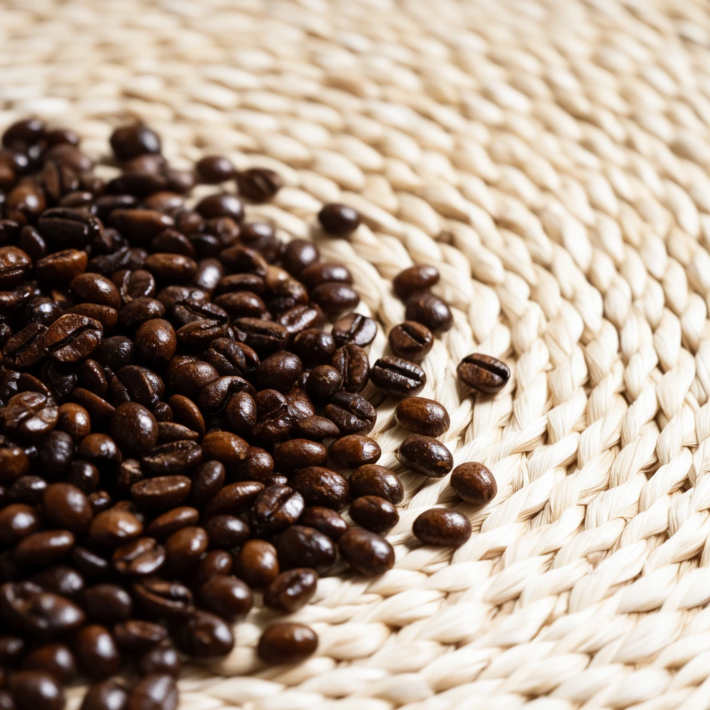 close-up of dark roasted coffee beans scattered on a light beige woven fiber mat, dense pile of glossy deep brown beans on the left thinning out toward the right, concentric circular weaving pattern underneath, bright natural lighting highlighting the oily surface and center cracks, shallow depth of field with soft blur at the top, high contrast, rich organic textures, high angle perspective