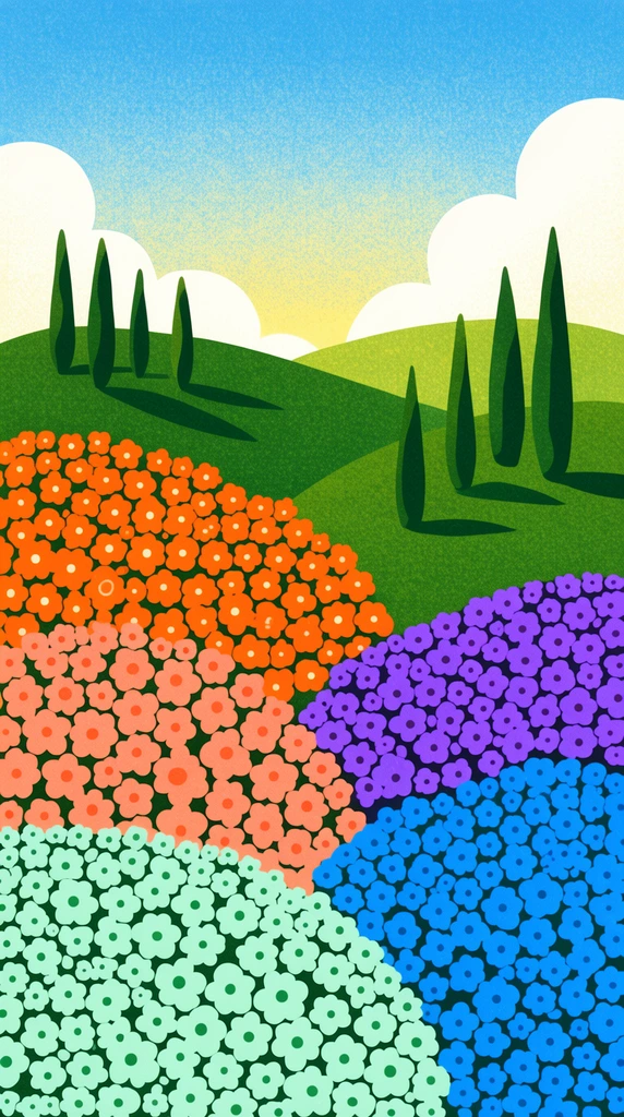 A retro vector illustration of rolling green hills featuring five clustered patches of textured flowers in bright orange, coral, purple, mint, and blue. Dark green cypress trees dot the grassy landscape under a gradient blue and yellow sky with puffy white clouds, finished with a stippled texture.